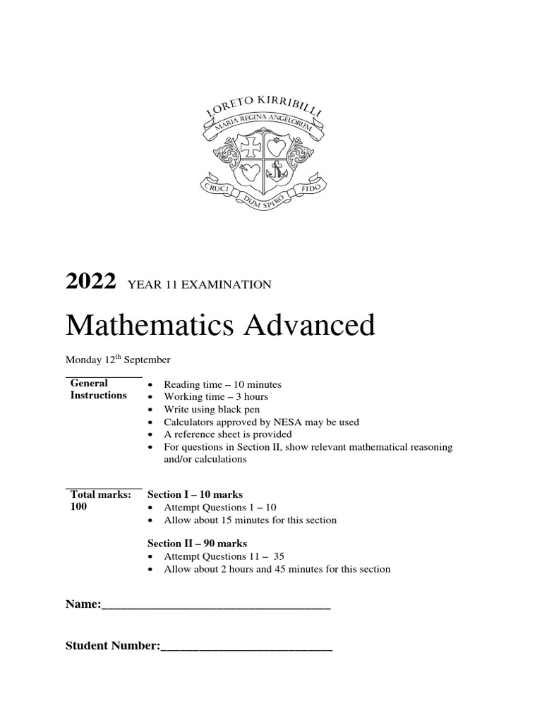 Year 11 Advanced Mathematics Exam 2022 | PDF | Trigonometry | Tangent