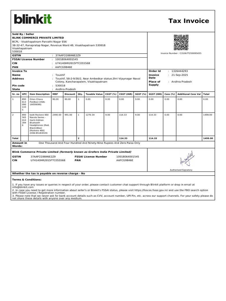 Invoice for boAt Rockerz 460 Headphones | PDF | Economy Of India | Taxation