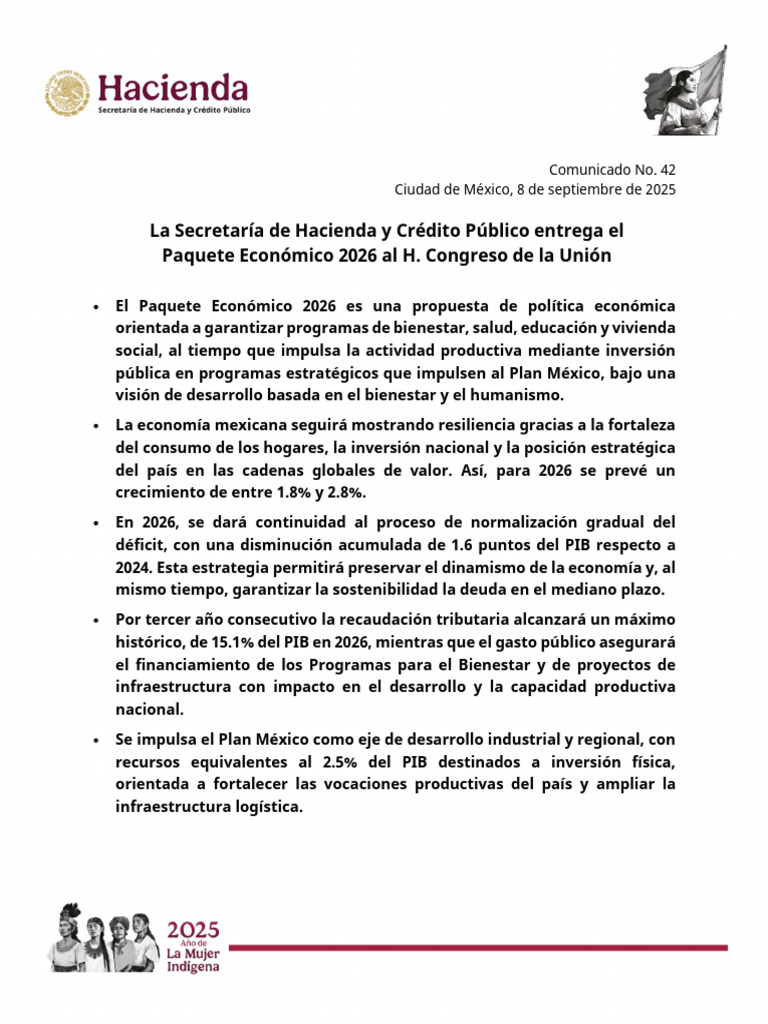 Comunicado No. 42 La Secretar A de Hacienda y CR Dito P Blico Entrega ...