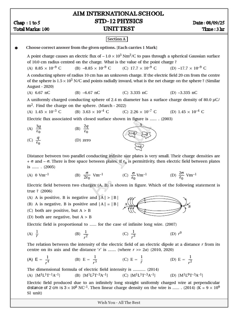 STD-12 Physics Unit Test Questions | PDF | Dipole | Sphere