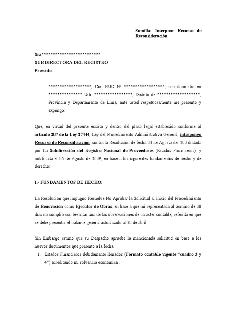 Arriba 45+ imagen modelo de recurso de reconsideracion administrativo