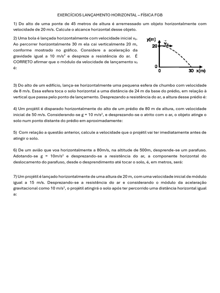 Exercícios de Lançamento Horizontal em Física | PDF