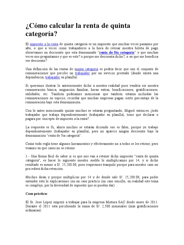 Cómo calcular la renta de quinta categoría Salario Impuesto sobre la renta