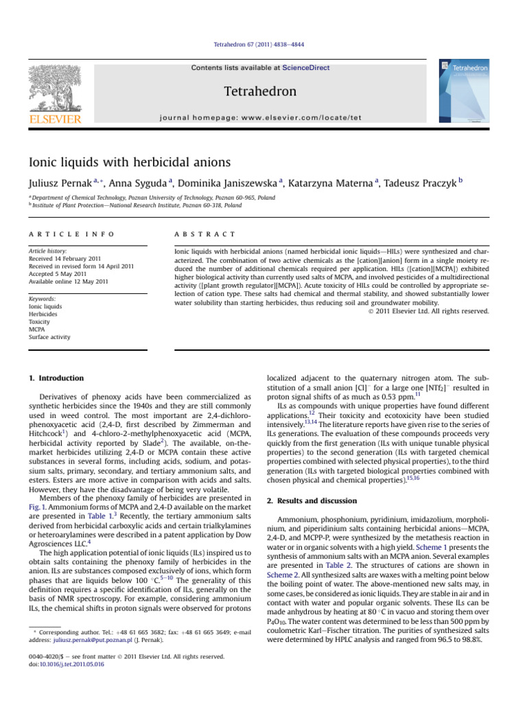 Herbicidal Ionic Liquids Synthesis and Properties | PDF | Salt ...