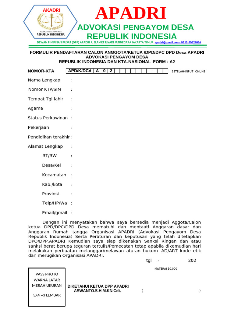 Formulir Pendaftaran Calon Ketua DPD, DPC DPD Desa Apadri Form - A2 | PDF