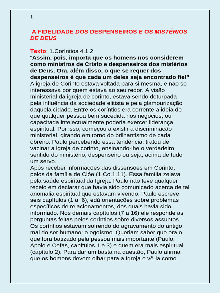 Despenseiros Fieis e Mistérios de Deus | PDF | Bíblia | Deus