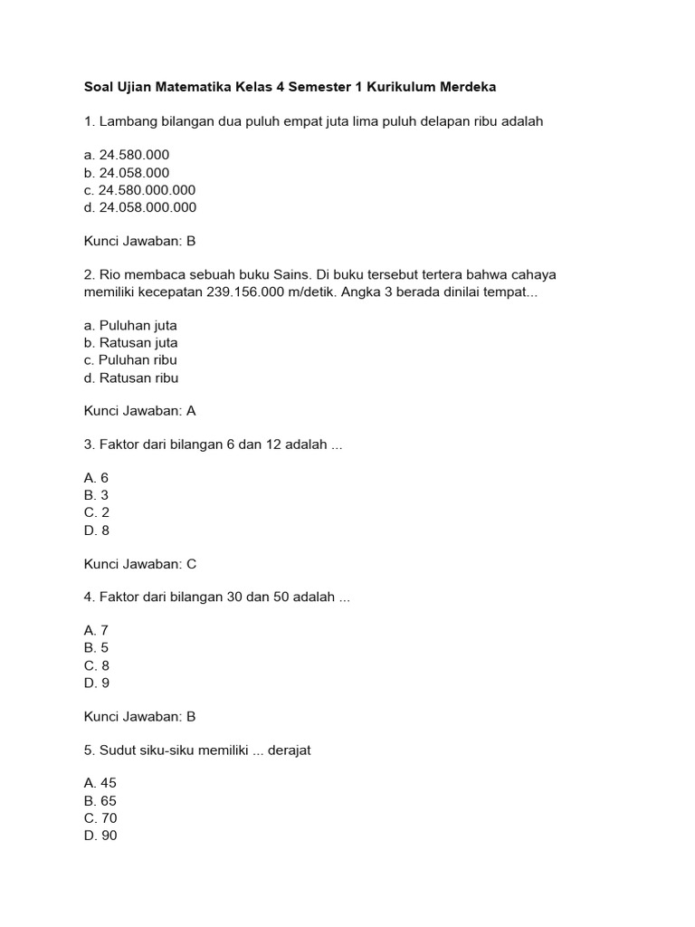 Soal Ujian Matematika Kelas 4 Kurikulum Merdeka | PDF