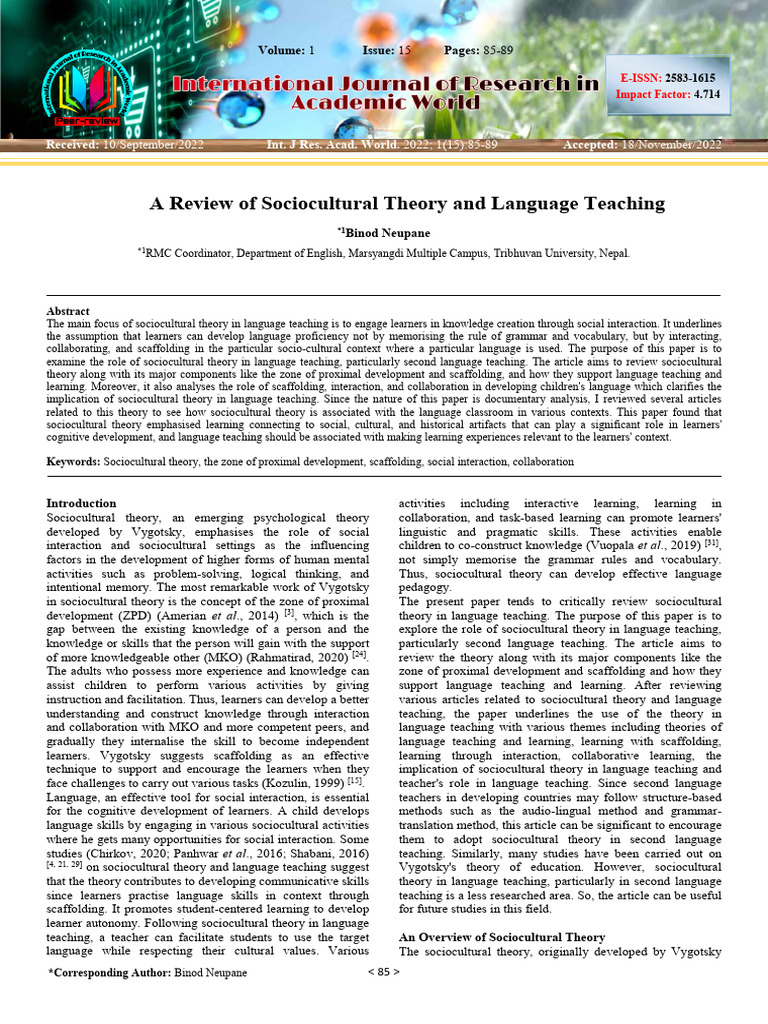 Sociocultural Theory in Language Teaching | PDF | Learning | Second ...