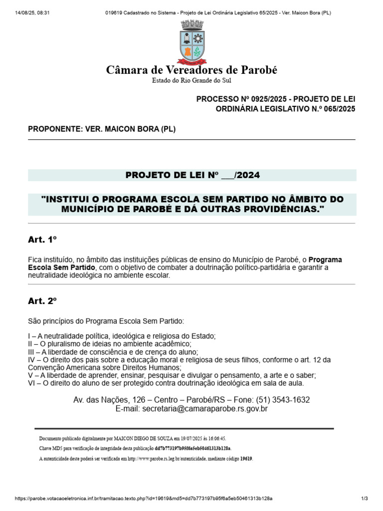 Programa Escola Sem Partido em Parobé | PDF