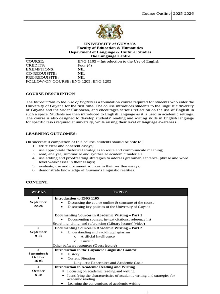 ENG 1105 Course Outline 2025-2026 | PDF | Essays | Plagiarism
