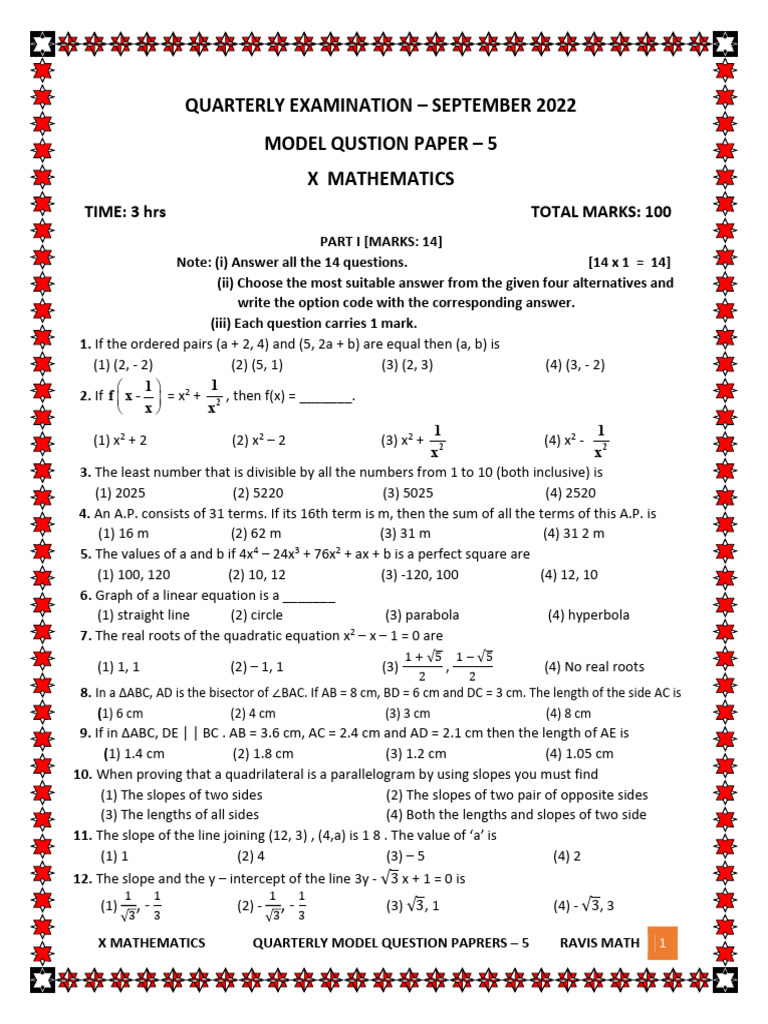 X Mathematics Quarterly Model Paper 5 | PDF | Elementary Geometry ...