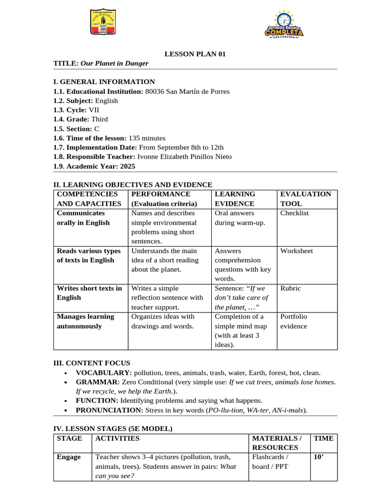 Lesson Plan: Environmental Issues in English | PDF | Reading ...