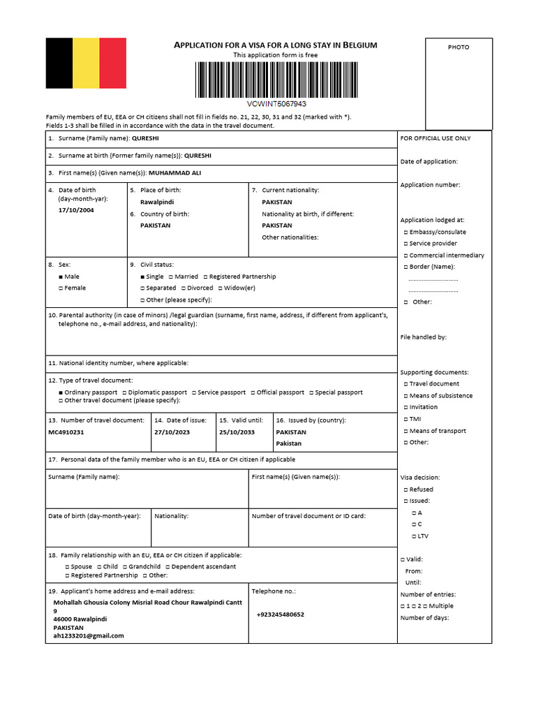Belgium Long Stay Visa Application Form | PDF | Travel Visa | Justice