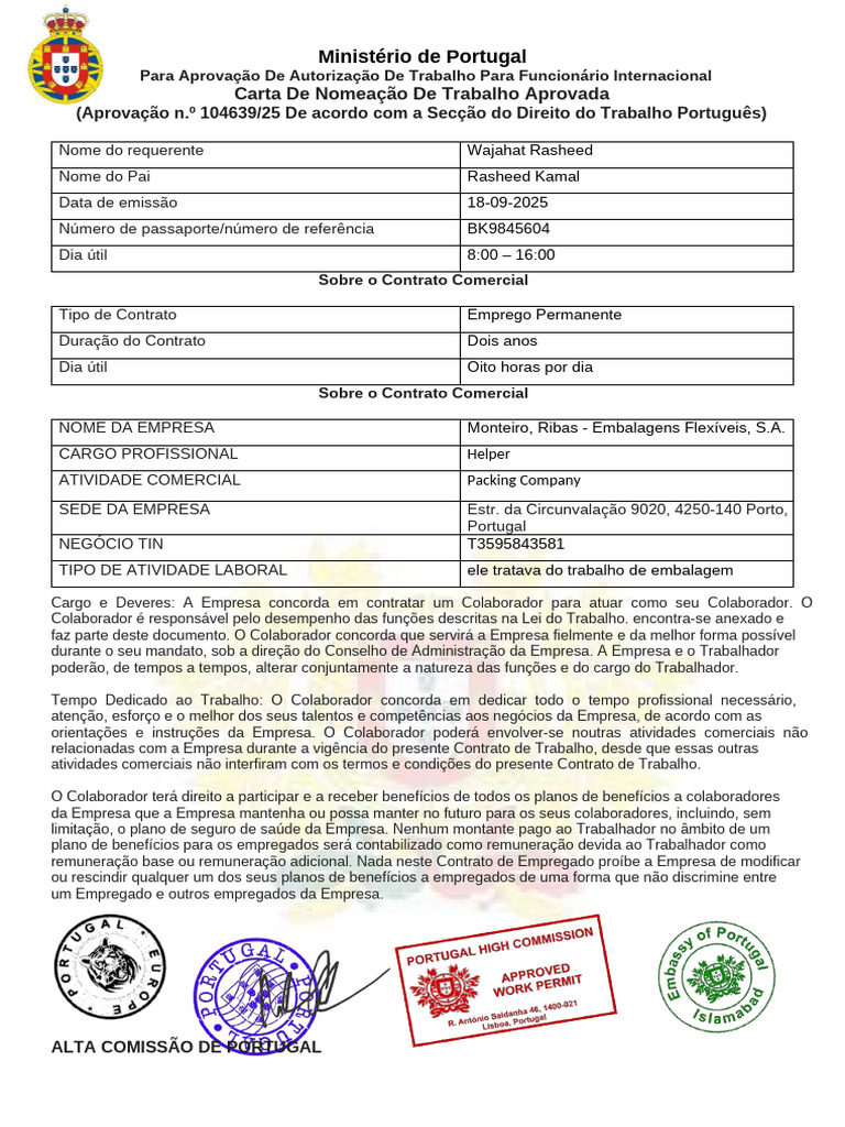 Autorização de Trabalho para Wajahat Rasheed | PDF | Portugal | Salário