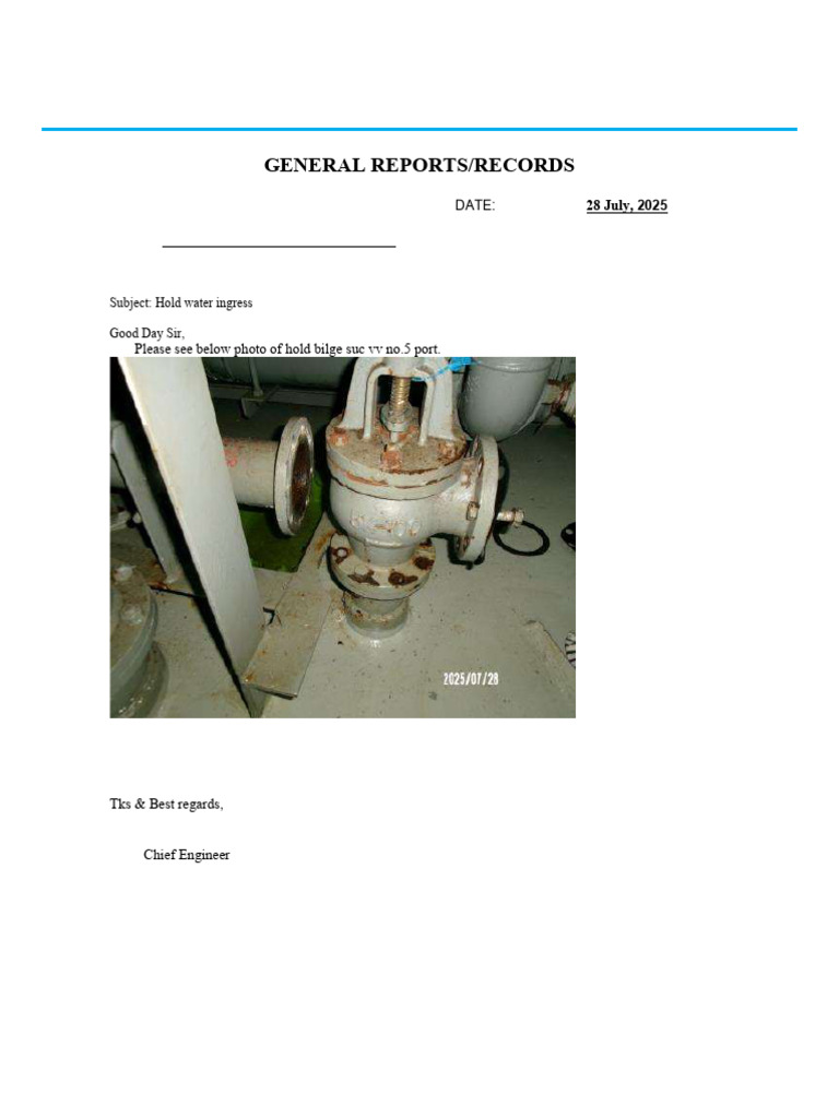 Hold Water Ingress Report - July 2025 | PDF