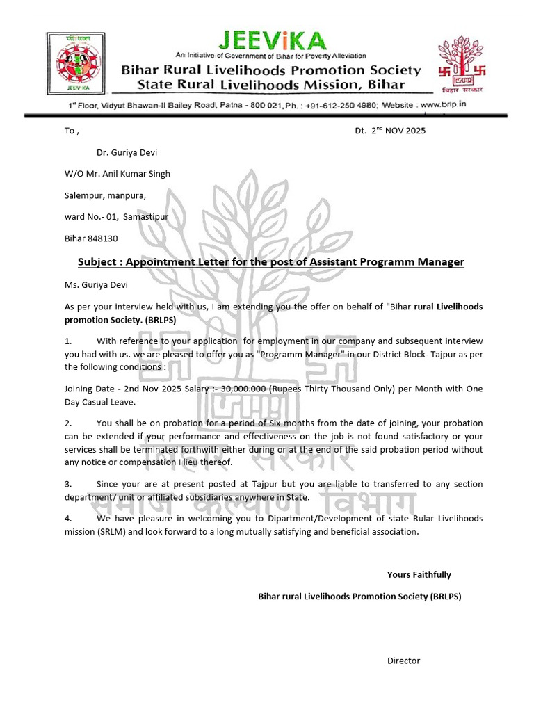 Appointment Letter for Assistant Program Manager | PDF