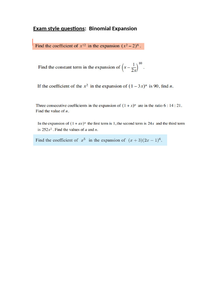 Work Sheet Binomial Expansion | PDF