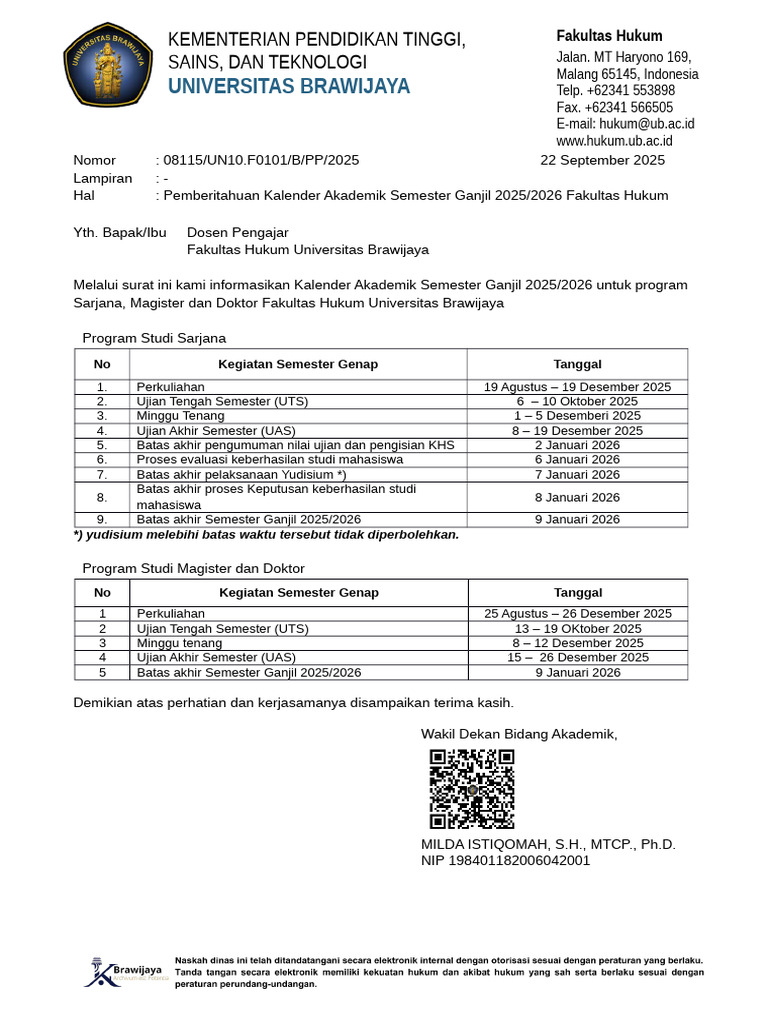 Kalender Akademik FH UB 2025/2026 | PDF