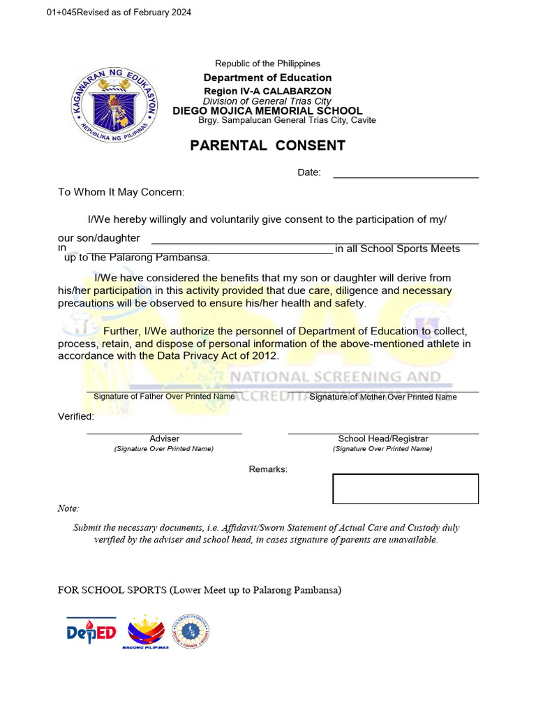 Parental Consent for School Sports Participation | PDF