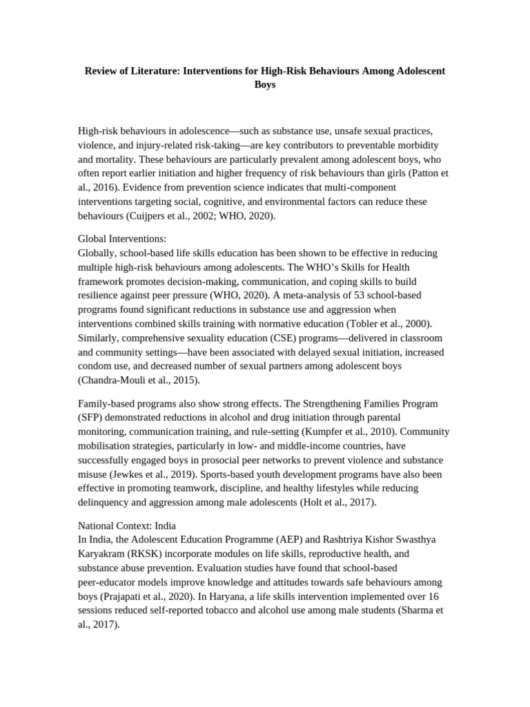 Interventions for High-Risk Behaviours in Adolescent Boys | PDF ...