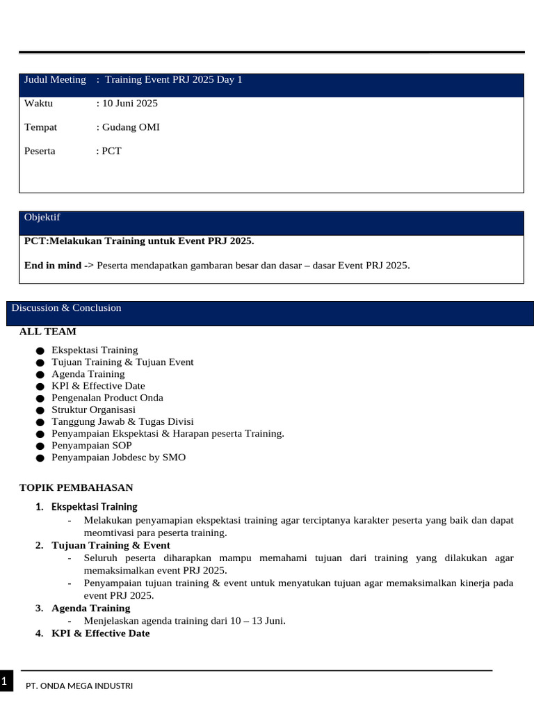 Training PRJ 2025: Agenda dan Tujuan | PDF