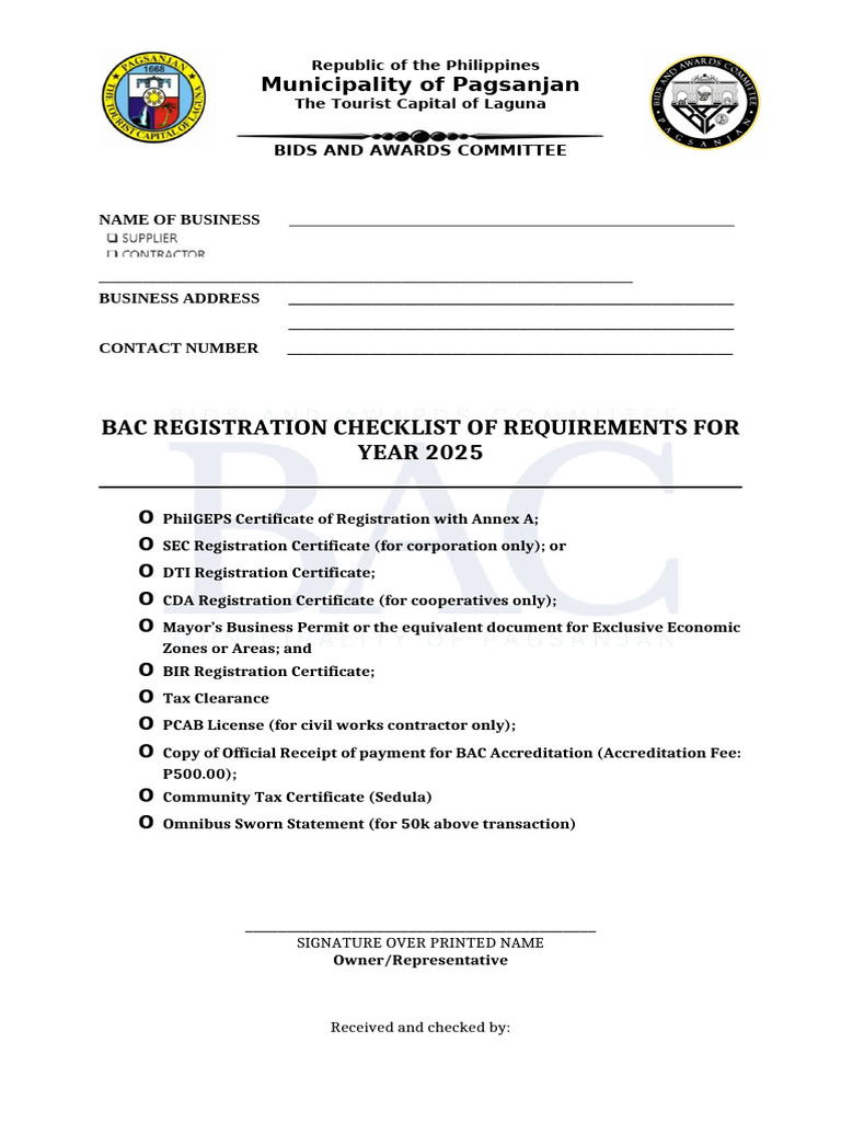 Pagsanjan BAC Registration Checklist 2025 | PDF