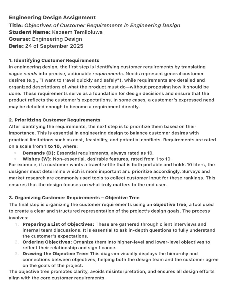 Customer Requirements in Engineering Design | PDF