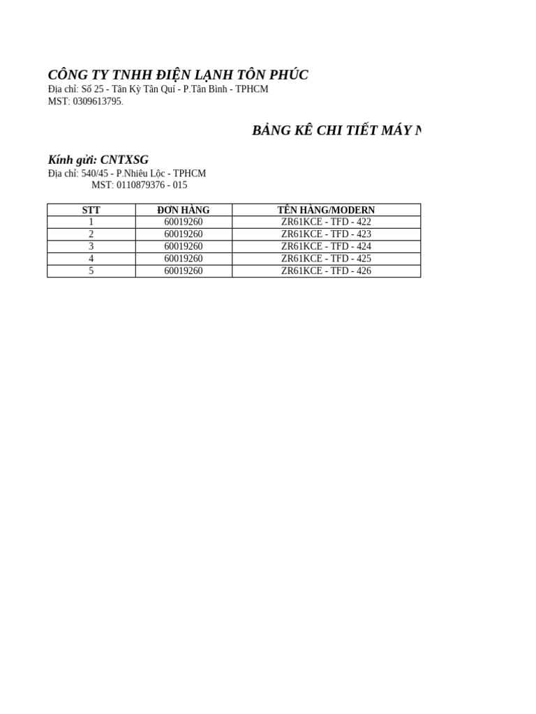 Bang Ke Chi Tiet May Nen | PDF