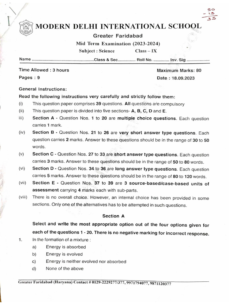 Class 9 - Mid Term Exam - Science + Answer Key - Question Paper - 2023 ...