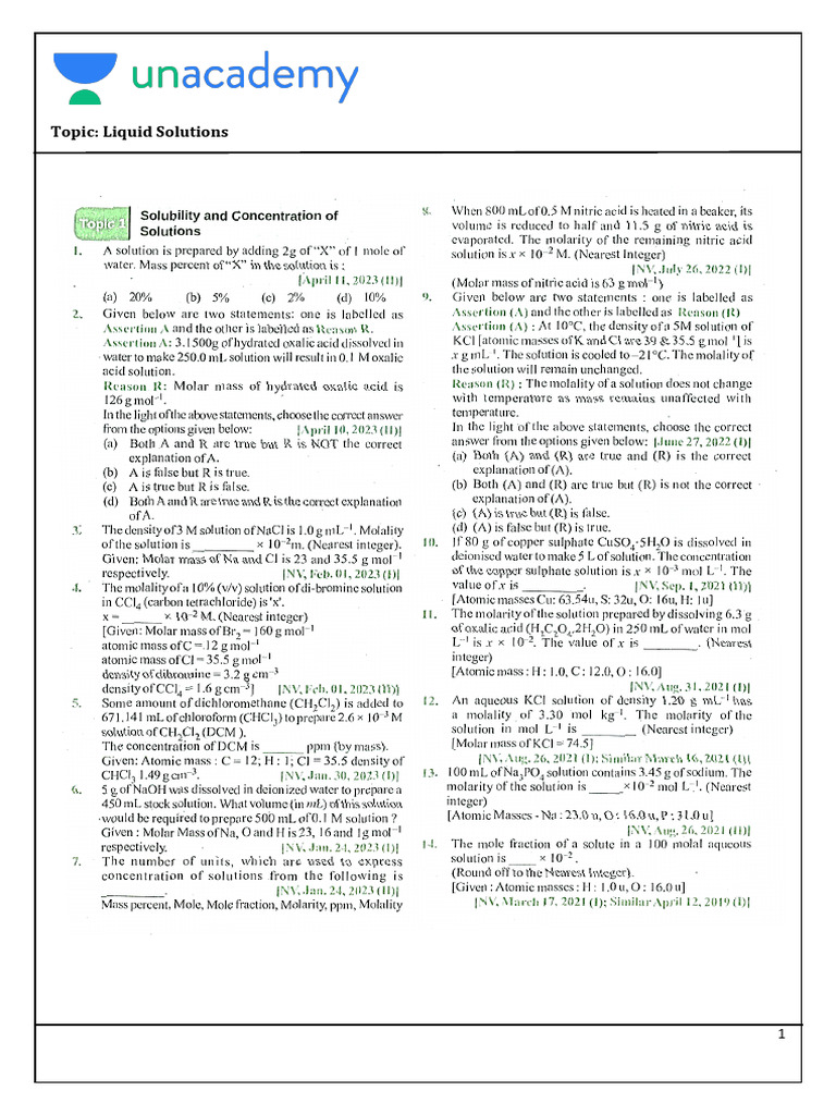 01 Liquid Solutions (PYQs) Excel Batch | PDF