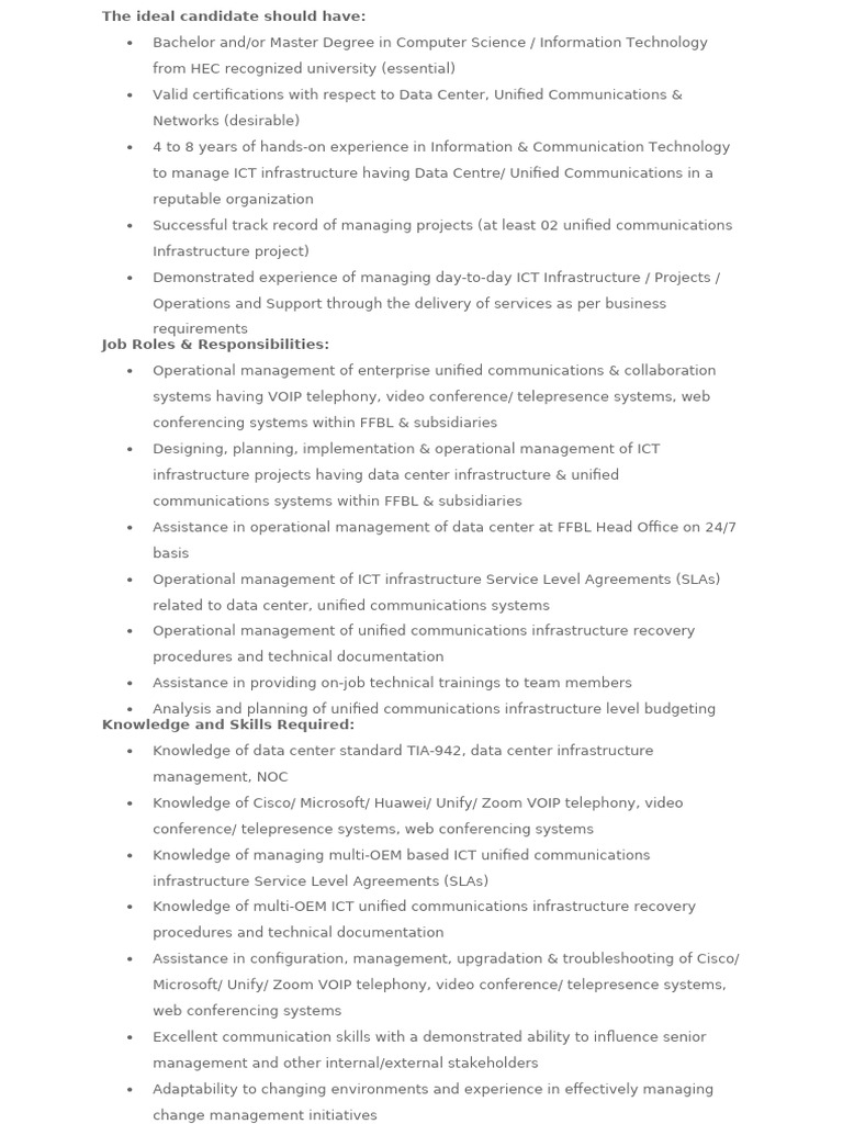 ICT Infrastructure Manager Job Description | PDF | Information And ...
