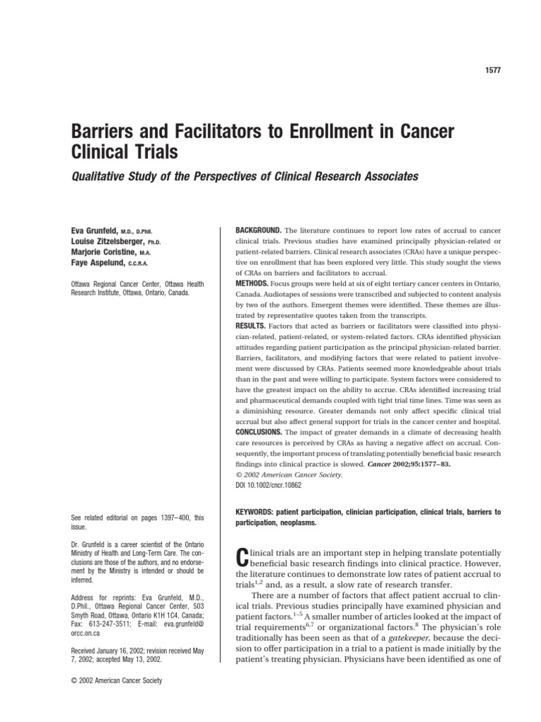 Barriers and Facilitators To Enrollment in Cancer Clinical Trials | PDF ...