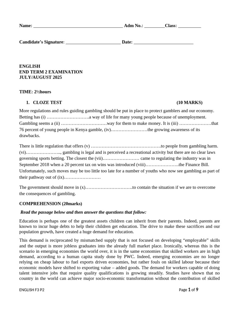 English Exam Paper: Term 2 2025 | PDF | Labour Economics | Gambling