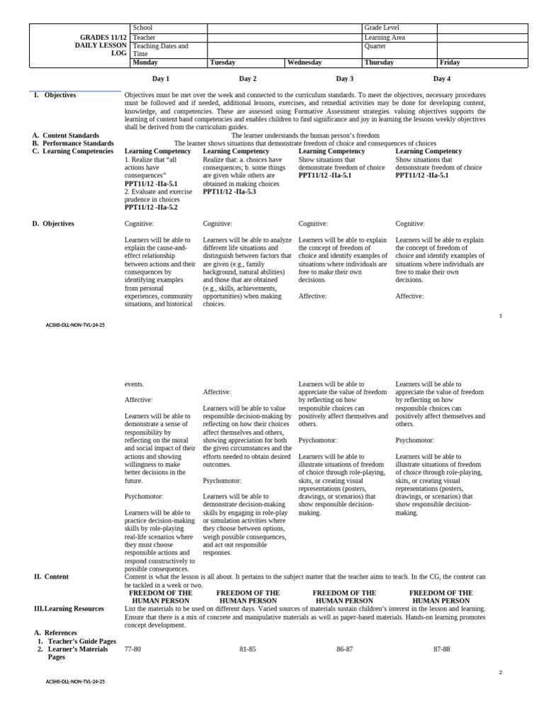 Daily Lesson Log for Freedom Concepts | PDF | Learning | Decision Making