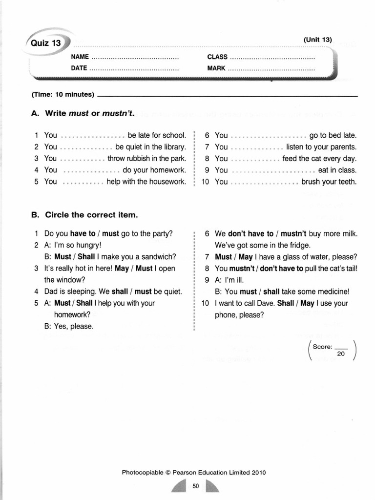 Must vs Mustn't: English Grammar Exercise | PDF