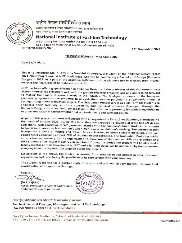 NIFT Internship Brief Letter | PDF