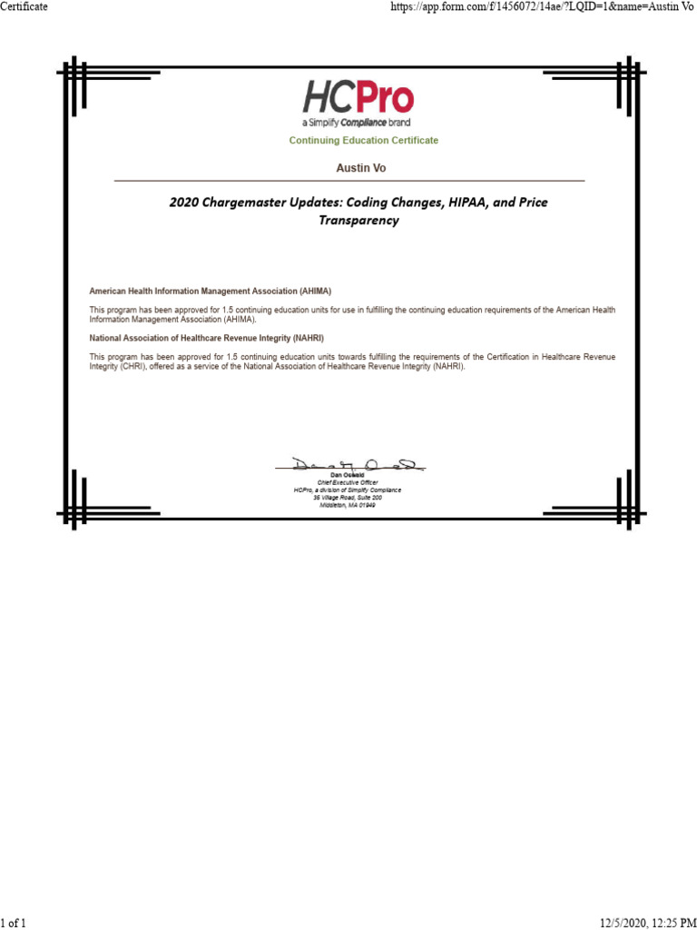 2020 Chargemaster Updates Certificate | PDF