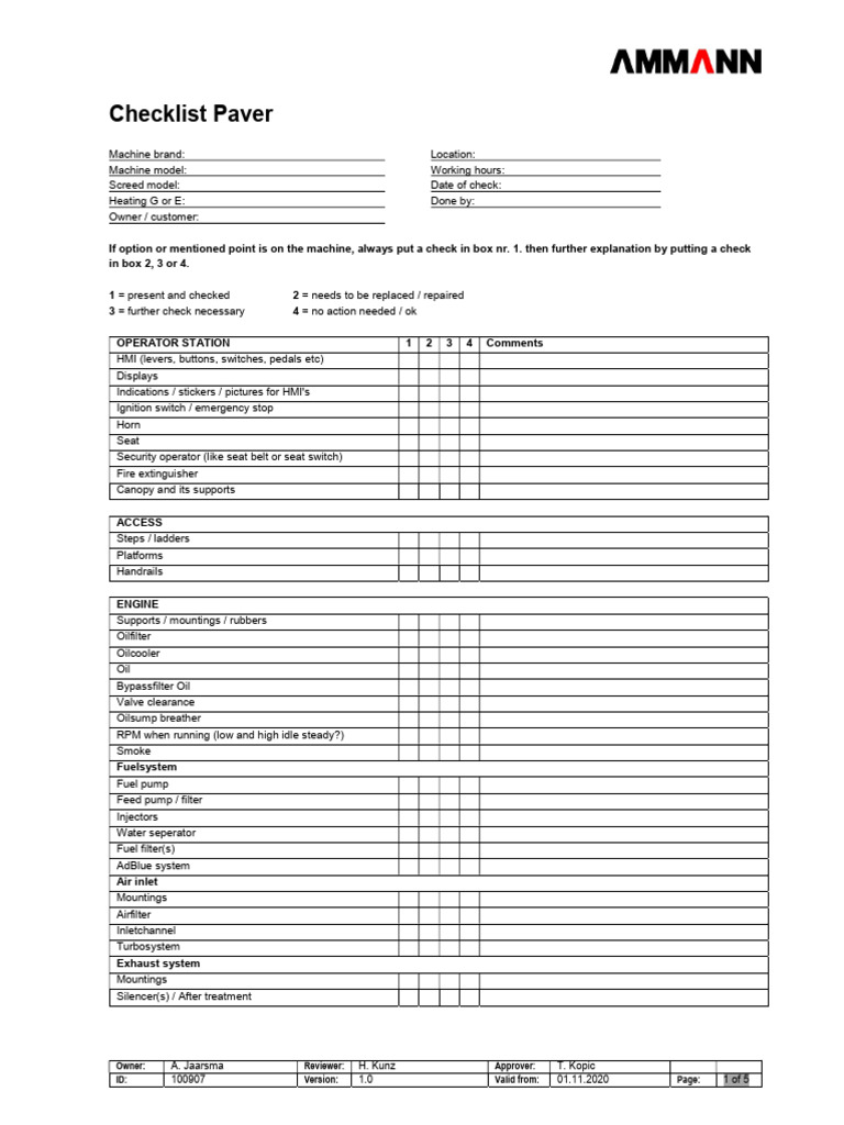 Paver Machine Inspection Checklist | PDF | Bearing (Mechanical ...