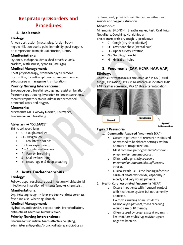 Respiratory Disorders and Procedures Notes | PDF | Pneumonia ...