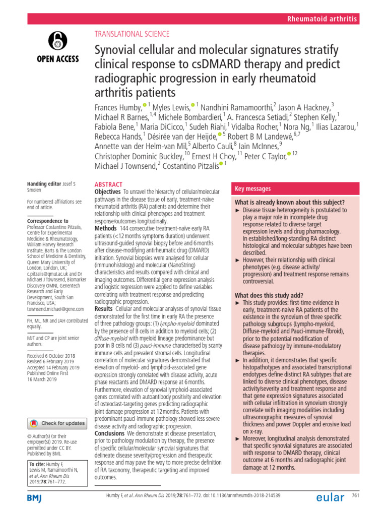 Synovial Signatures in Early RA Therapy | PDF | Rheumatoid Arthritis ...
