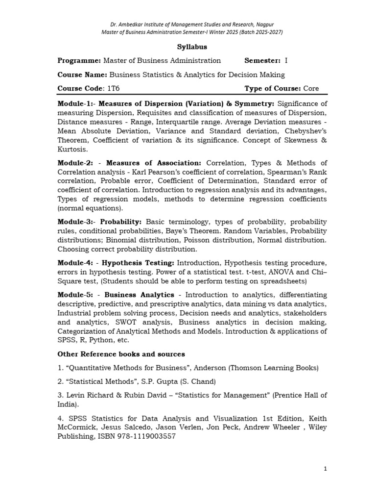 MBA Business Statistics Syllabus 2025 | PDF | Regression Analysis ...