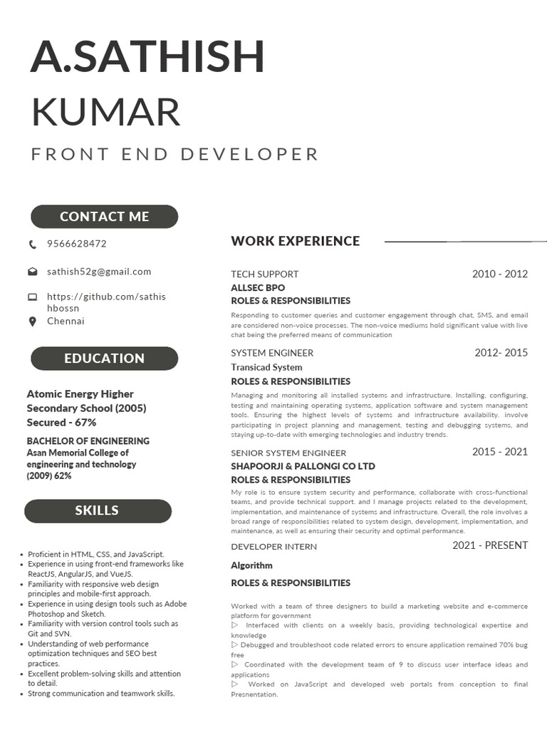 Front-End Developer Resume Summary | PDF | World Wide Web | Internet & Web