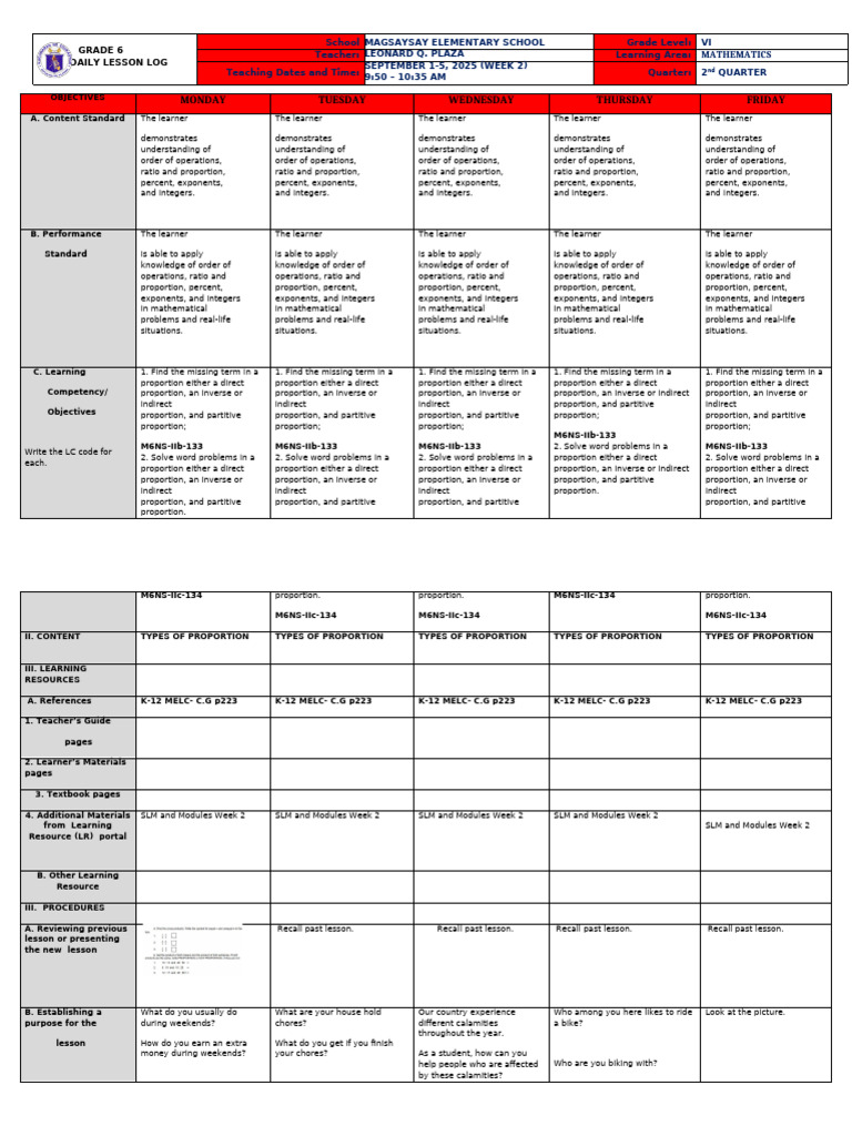 Grade 6 Math Lesson Plan: Proportions | PDF | Ratio | Learning