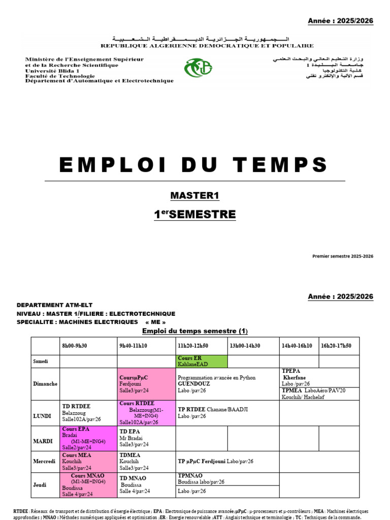 Emploi du temps Master 1 2025-2026 | PDF | Électromagnétisme ...