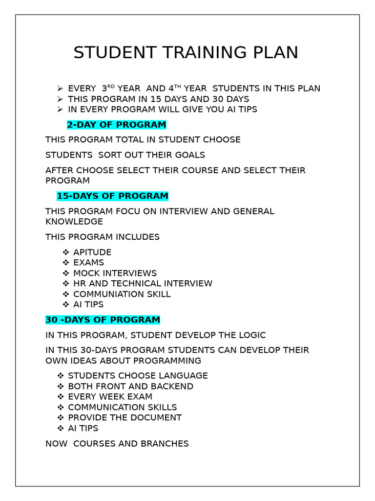 Student Training Plan for Career Development | PDF