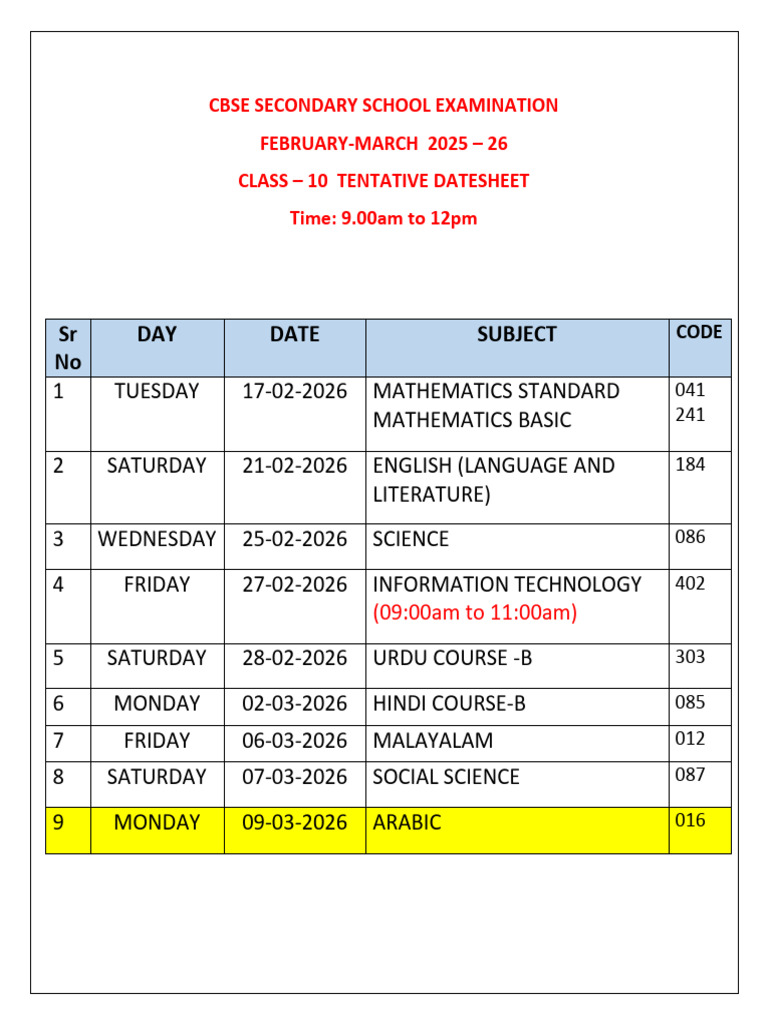 CBSE Class 10 Tentative Datesheet 2026 | PDF