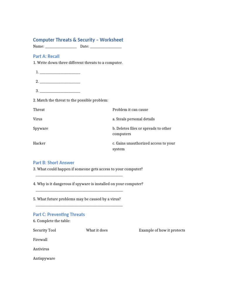 Computer Threats and Security Worksheet | PDF