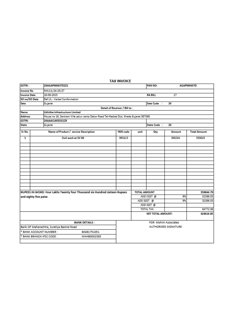 Tax Invoice: RUPEES IN WORD: Four Lakhs Twenty Four Thousand Six ...
