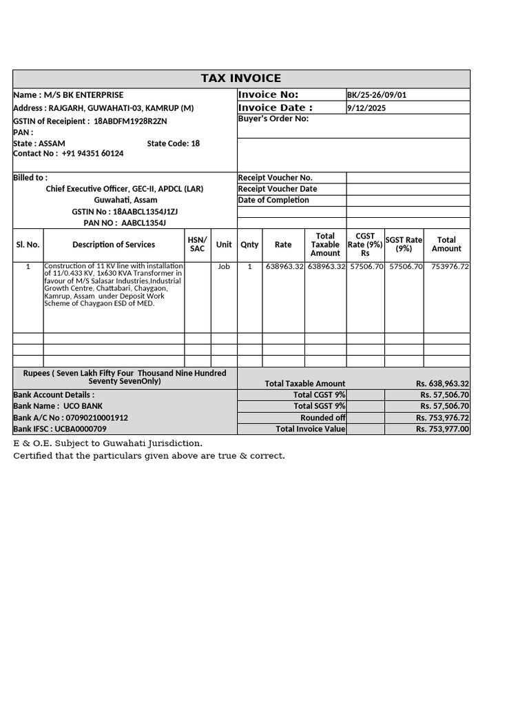Tax Invoice for Construction Services | PDF | Invoice | Public Finance