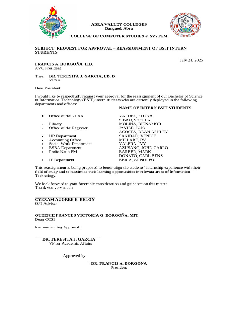 BSIT Intern Reassignment Request | PDF